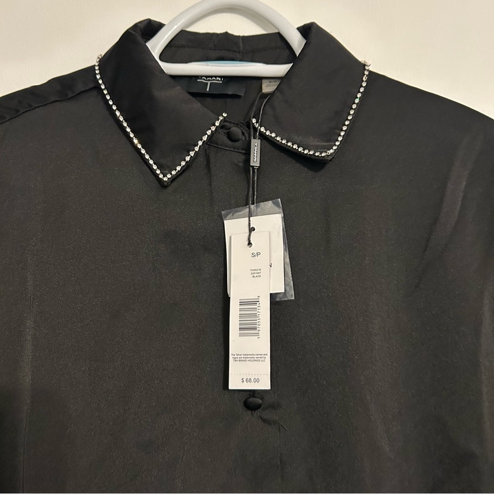Tahari Black Women’s Blouse with Rhinestones Jewels Small Satin Feel Festive